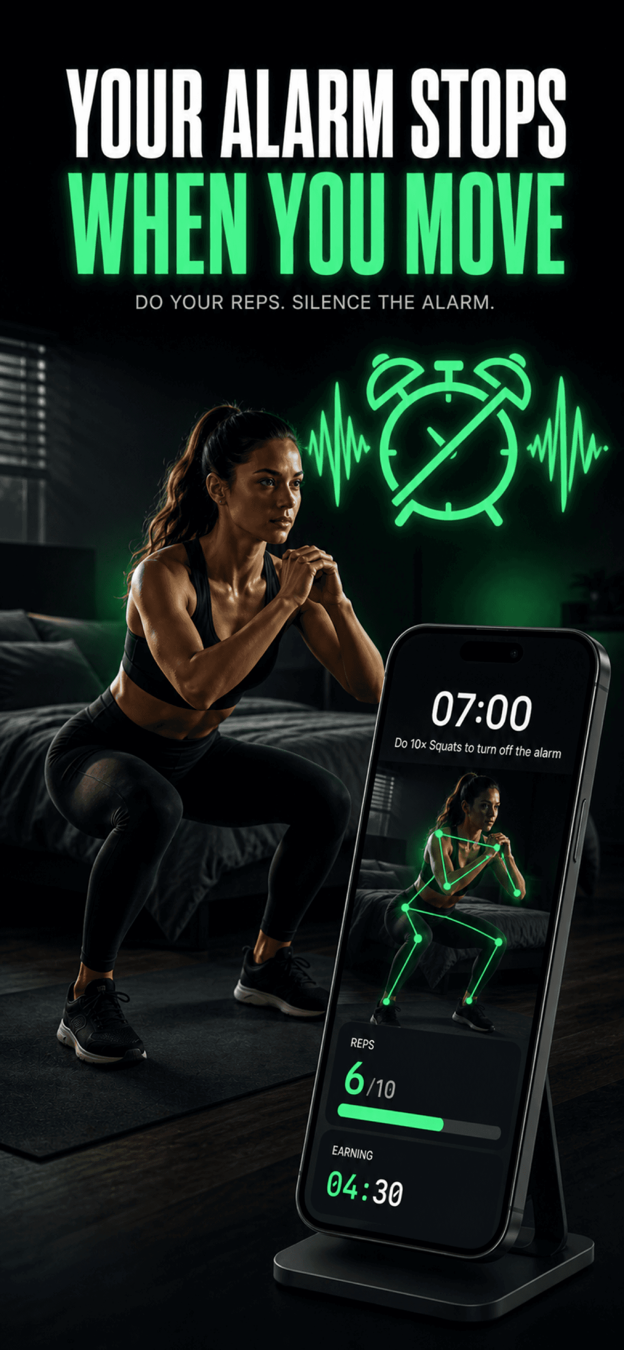 Trainings-Wecker – mach deine Wiederholungen, um den Wecker zu stoppen